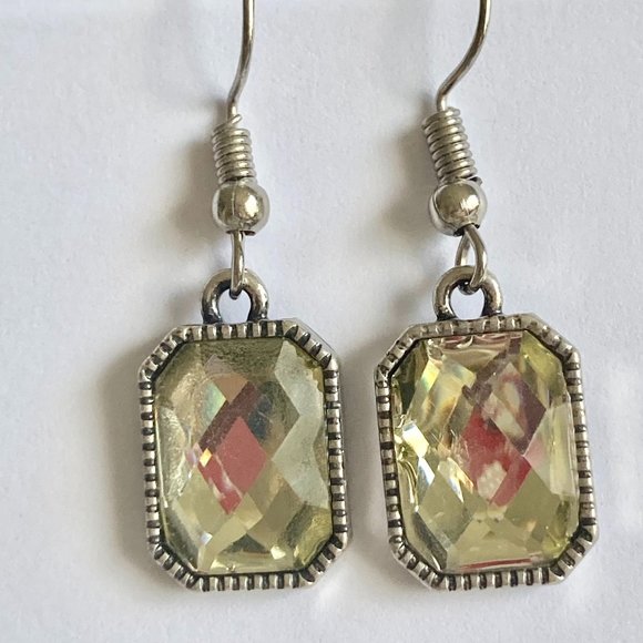 Emerald Radiant Cut Yellow Topaz Crystal Earrings Silver Tone Plated Dangle - Picture 10 of 12